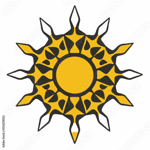 A decorative, abstract sun icon with a yellow center and intricate black and yellow rays outlined in white, suggesting warmth and complexity.