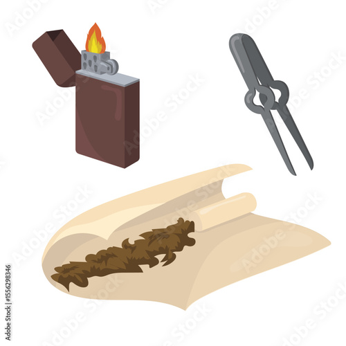 Smoking Accessories: A collection of essential smoking accessories, including a lighter, tobacco, and tool, arranged in a photorealistic depiction of a smoke-related activity.