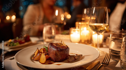 a coupe are eating Filet Mignon at the luxury hotel restaurant on the table are candle night 