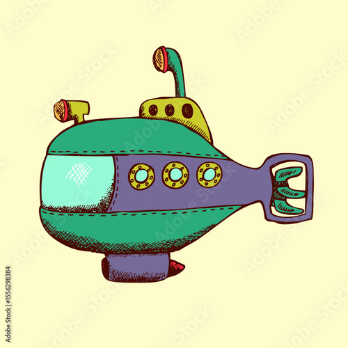 Underwater Expedition: A charming illustration of a vibrant submarine, ready for underwater adventures, evokes a sense of exploration and nautical curiosity. 