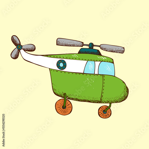 Whimsical Helicopter: A charming, hand-drawn illustration of a vibrant green helicopter, evoking a sense of childlike wonder and adventure.