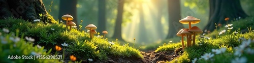 Sunlit Woodland Floor Mushrooms, Wildflowers, and Moss in a Magical Forest Scene