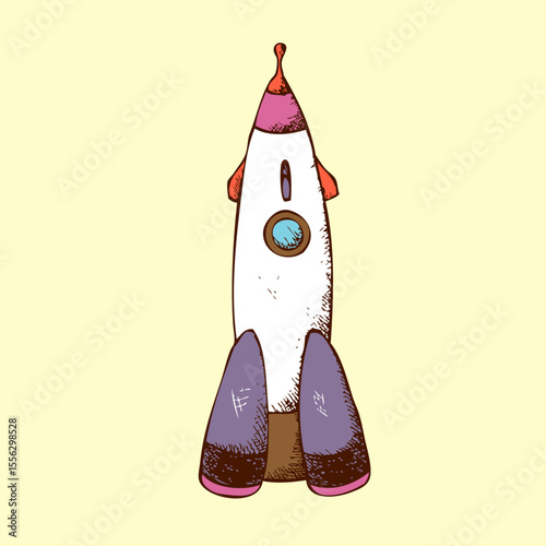 Vintage Rocket Illustration: A whimsically sketched rocket soars with retro charm, set against a clean. Capturing the essence of vintage space travel and childlike wonder.
