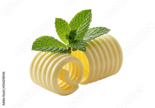 Butter Curls with Fresh Mint Leaves Isolated on White Background