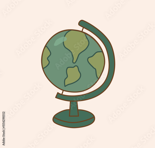 Hand drawn vector illustration of a green school globe on a stand, simple cartoon flat style, educational clipart for kids learning materials, posters, worksheets, school and geography designs