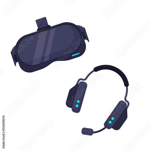 VR Headset and Headphone: Virtual reality headset and headphone illustrated, representing a technology and providing immersive experience for various applications