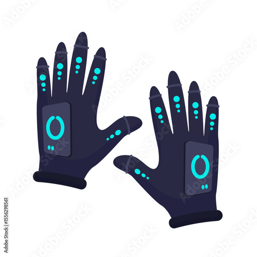 VR Gloves: High-tech gloves adorned with glowing elements and sensors, designed for immersive virtual reality experiences, depicted in a modern, stylized vector illustration.