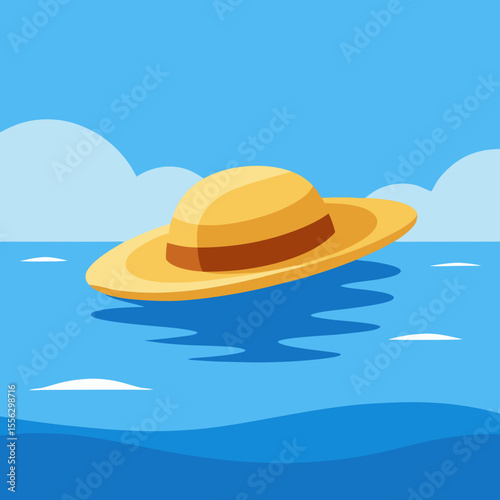 Straw Hat on Clear Blue Ocean Vector Illustration