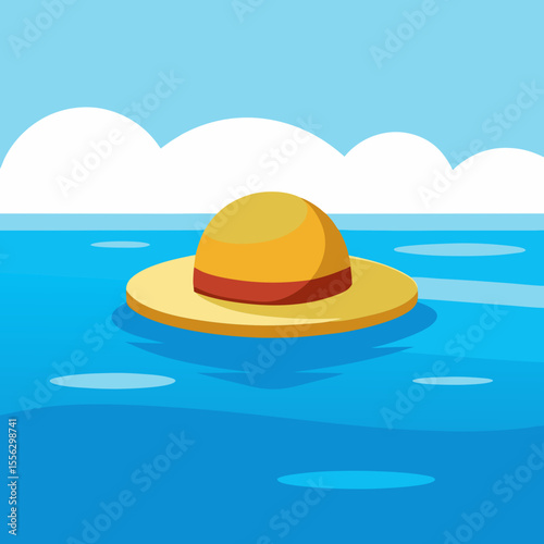 Straw Hat on Clear Blue Ocean Vector Illustration