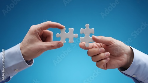 Wallpaper Mural Business teamwork concept with two hands connecting white puzzle pieces on blue background
 Torontodigital.ca