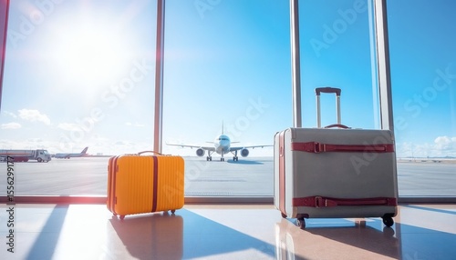 Two Stylish Luggage in Airport Terminal with Airplane and Sunlight