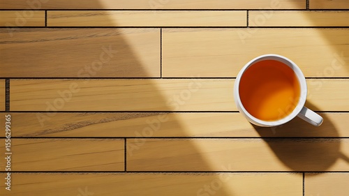 Wallpaper Mural Cup of tea placed on wooden floor with sunlight creating warm shadows
 Torontodigital.ca