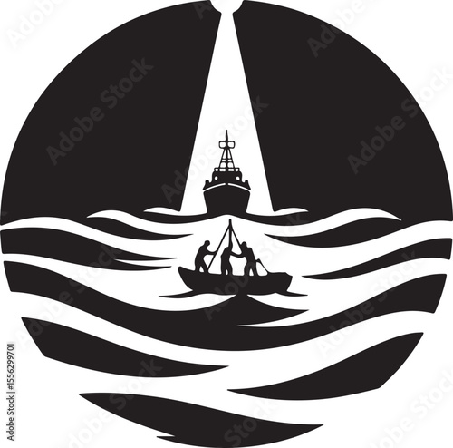 Silhouette of Ship and Diver Underwater Vector Illustration