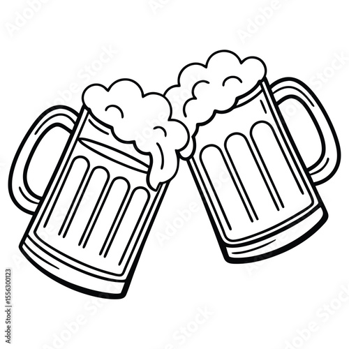 Vector silhouette of two clinking beer mugs with foam, black and white celebration beer icon for party, bar, pub, or Oktoberfest design