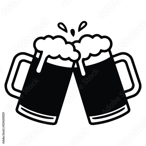 Vector silhouette of two clinking beer mugs with foam, black and white celebration beer icon for party, bar, pub, or Oktoberfest design