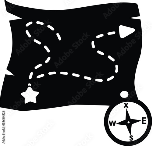 Silhouette of Treasure Map with Dotted Path, Star, and Compass Illustration