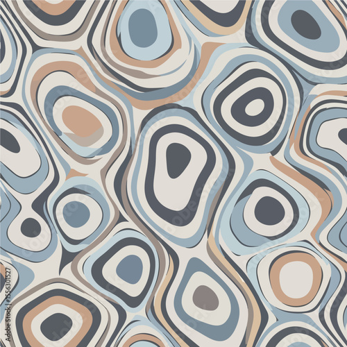 A mesmerizing retro inspired pattern of fluid, distorted concentric rings in a muted color palette of blue, brown, and charcoal. Vector Patterns