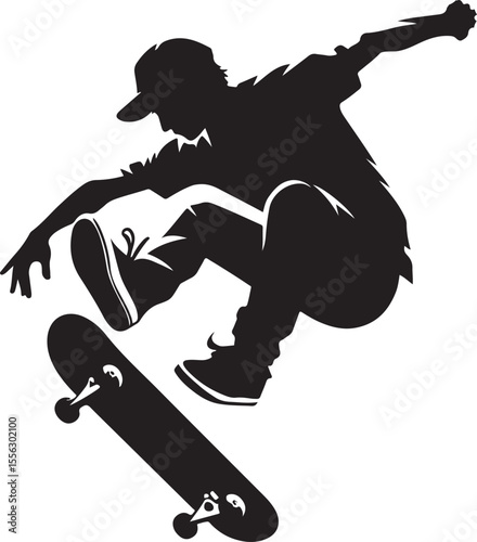 A bold and artistic silhouette of a skateboarder executing a trick, reflecting energy, creativity, and the dynamic nature of skateboarding culture.