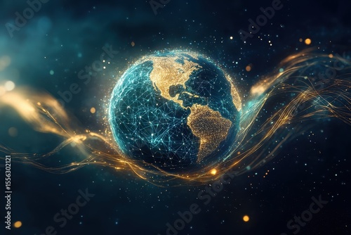 Glowing Earth with Digital Network Connections and Cosmic Background
