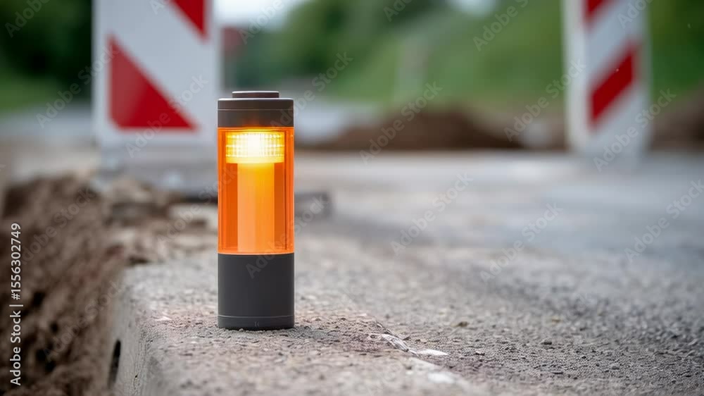 Solar powered warning light flashing near road construction site with blurred safety barriers and green outdoor landscape signaling caution and safety barrier for road signal and construction safety
