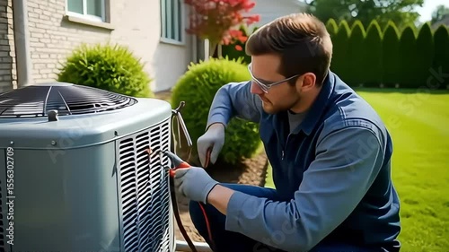 Technician servicing the air conditioning unit outside during a bright day for home comfort