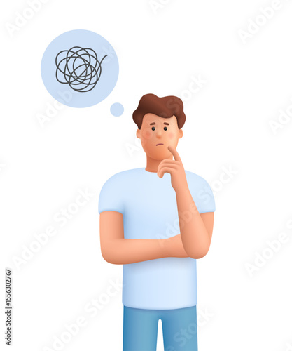 Confused man James thinking with speech bubble with tangled thoughts. Decision making, doubt, mental blocks and problem solving concept. 3d vector people character. Cartoon minimal style.