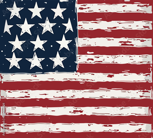 Vector design with decorative drawing of torn national flag of usa.  Fashion t-shirt print. American pattern 
of stars and stripes for textiles, fabric, clothing.