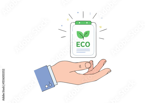 Hand holding digital eco badge with sprout symbol for sustainable achievements