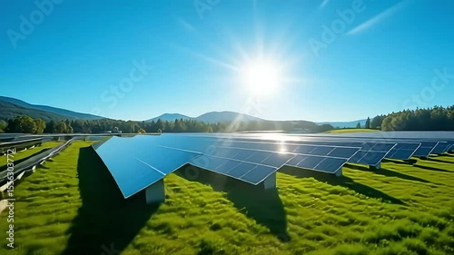 Bright sunlight shining on a solar panel array in a field producing renewable power.