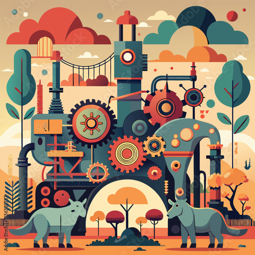 Mechanical animals roaming an industrial savanna, with gear-shaped trees, steam-powered elephants, and cogwheel suns..eps