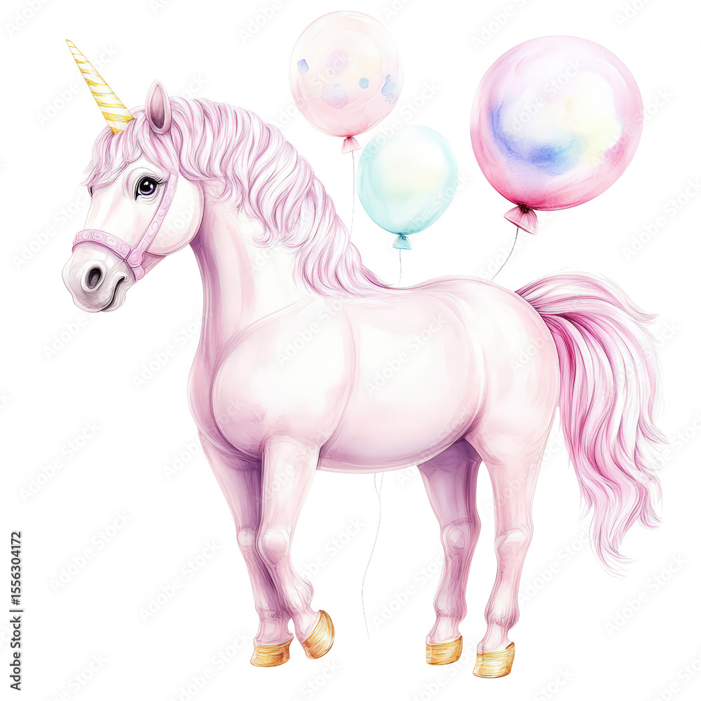 Fototapeta premium Adorable pastel pink unicorn with flowing mane and tail surrounded by colorful helium balloons in a whical fantasy scene
