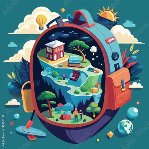 A student?s backpack unzipped to reveal entire worlds?a floating school, jungle trails, digital caves, and more spilling out..eps
