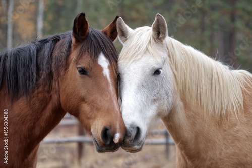 
two horses nuzzling each other in a pasture

