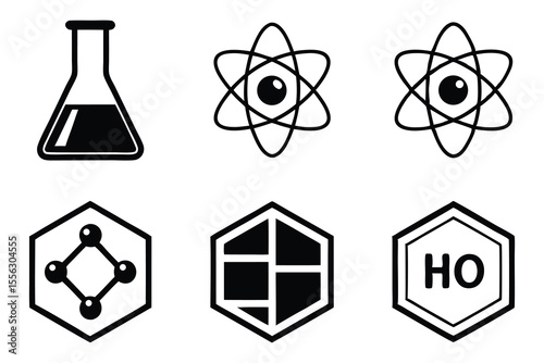 Black Silhouette Science Vector Icons Set Erlenmeyer Flask Atom Molecule Hexagon
