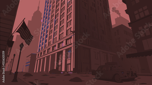 Dramatic Urban Skyline at Twilight with American Flag