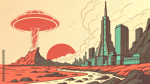 Dramatic Alien Invasion Over a Futuristic Metropolis at Sunset