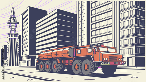 Futuristic Tanker Truck Illustration in Urban Cityscape
