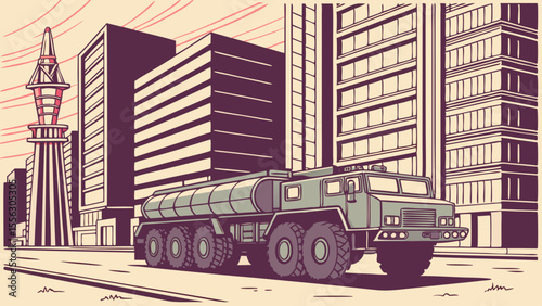 Military Tanker Truck in Urban Cityscape