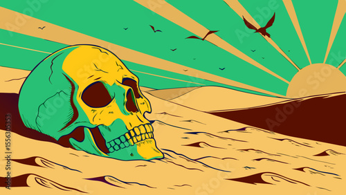 Surreal Desert Skull Sunset – Vibrant Eerie Landscape Art