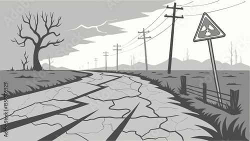 Desolate Post-Apocalyptic Road with Radiation Warning Sign