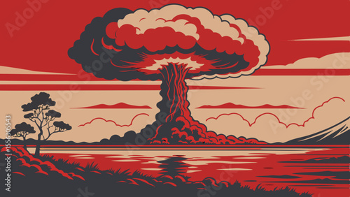 Surreal Nuclear Mushroom Cloud Landscape Illustration