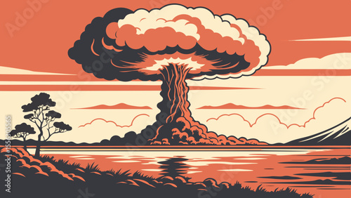 Dramatic Nuclear Explosion Illustration Over Serene Lake Landscape