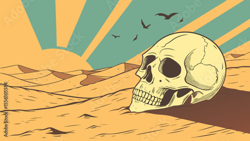 Desert Skull Illustration with Birds and Sun Rays