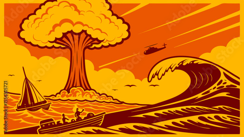 Apocalyptic Mushroom Cloud Tsunami Disaster Illustration