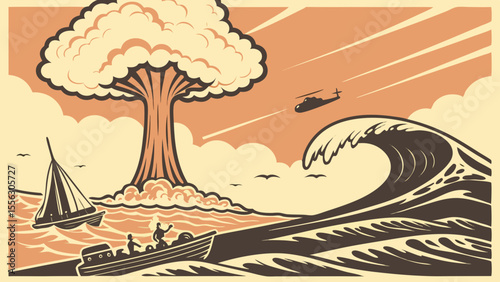 Epic Nuclear Tsunami Escape: Vintage Apocalyptic Disaster Art