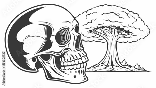 Dark Monochrome Illustration of Skull and Nuclear Explosion