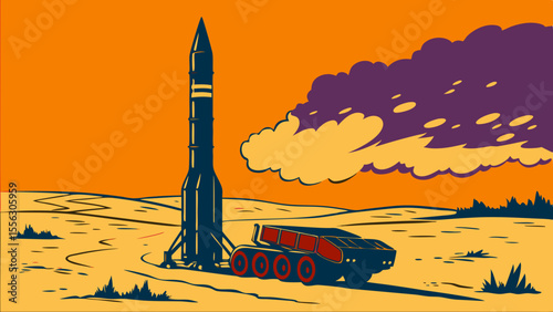 Desert Rocket Launch Preparation with Military Vehicle for Space Exploration