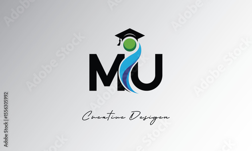 MU Creative Letter Logo with Graduation Cap and Abstract Human – Modern Education and Learning Symbol Design
