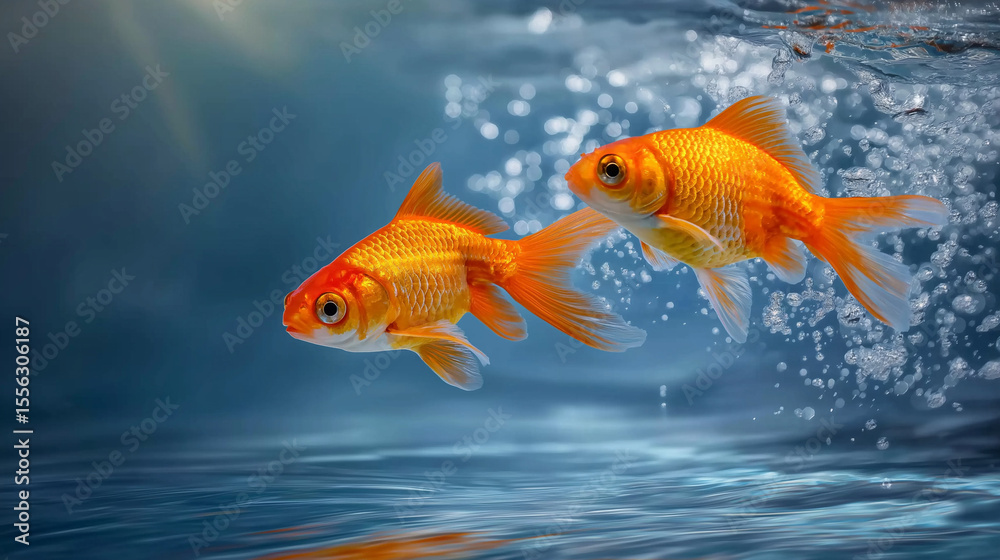 Fototapeta premium Golden Fish in Aquarium: Two vibrant goldfish gracefully swim in crystal-clear water, their scales shimmering in the light, creating a serene and captivating underwater scene.