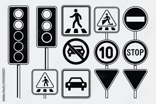 A collection of traffic and road signs.